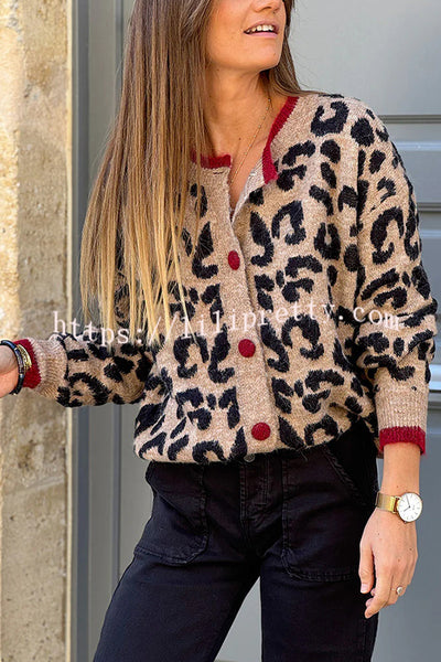 Leopard Print Crew Neck Long-sleeved Loose Knit Cardigan