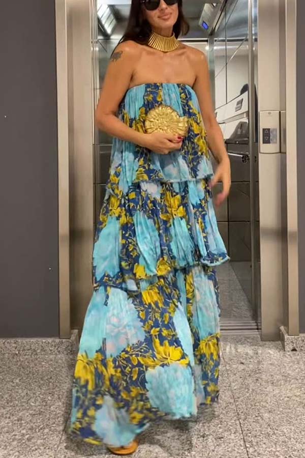 Cecily Contrast Floral Print Tiered Ruffles Strapless Maxi Dress
