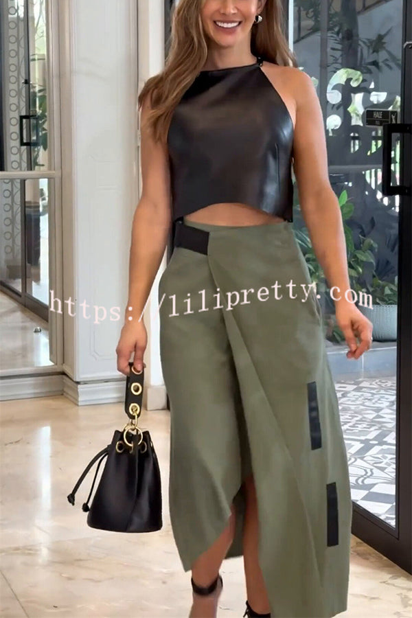 Stylish Cropped Sleeveless Top and Pockets Irregular Hem Skirt Set