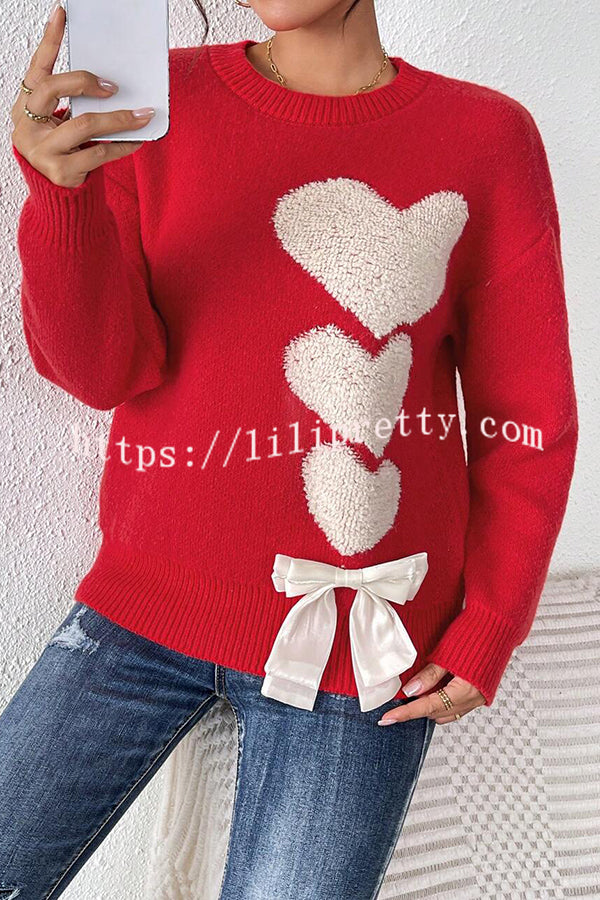 Love Jacquard Loose Cute Bowknitted Long Sleeve Sweater