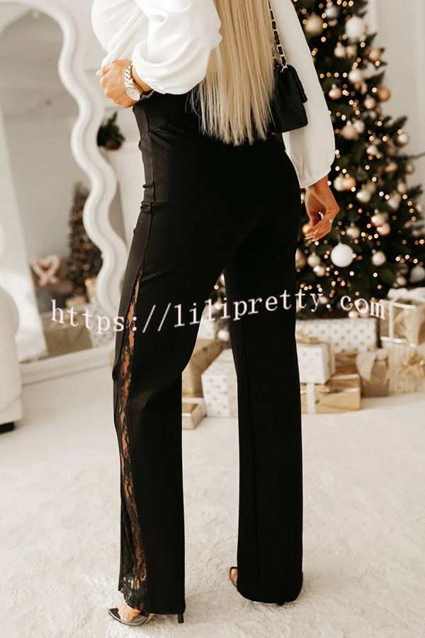 Joelie High Rise Elastic Waistband Side Lace Patchwork Flare Pants