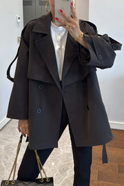 Modern Urban Dropped Shoulder Strap Button Detail Belted Lapel Loose Trench Coat