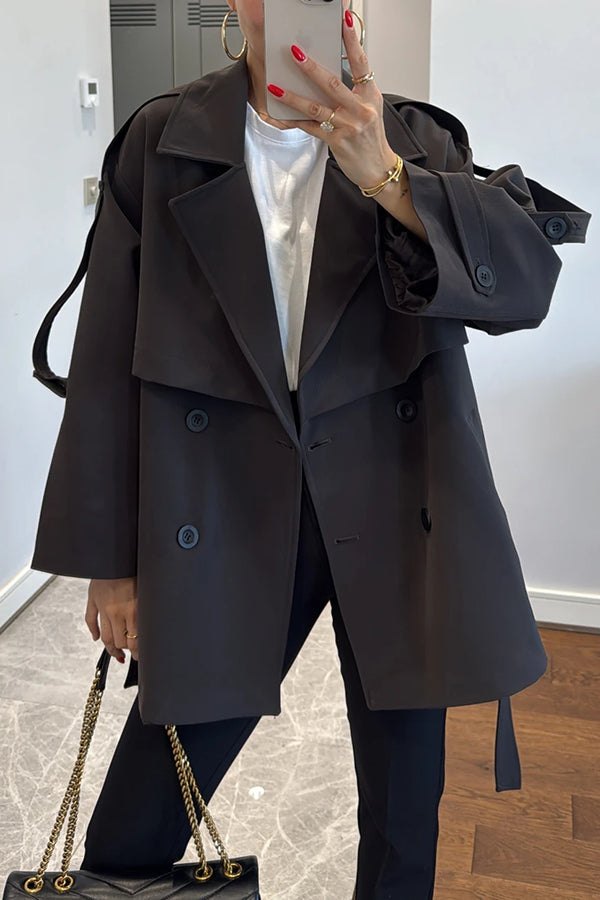 Modern Urban Dropped Shoulder Strap Button Detail Belted Lapel Loose Trench Coat