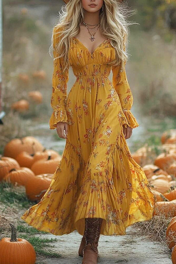 Floral Print V-neck Long-sleeved Pleated Holiday Midi Dress