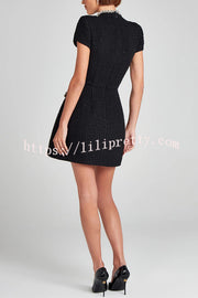 Exquisite and Playful Tweed Fabric Pearl Trim Short Sleeve Pocketed Mini Dress