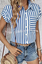 Striped Print Short Sleeve Pocket Shirt Top