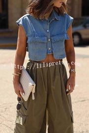 Stylish Weekend Denim Button Up Cape Sleeve Pocket Crop Top