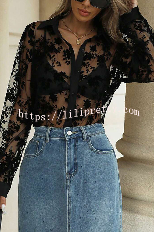 Fashion See-through Plant Lace Long Sleeve Loose Shirt