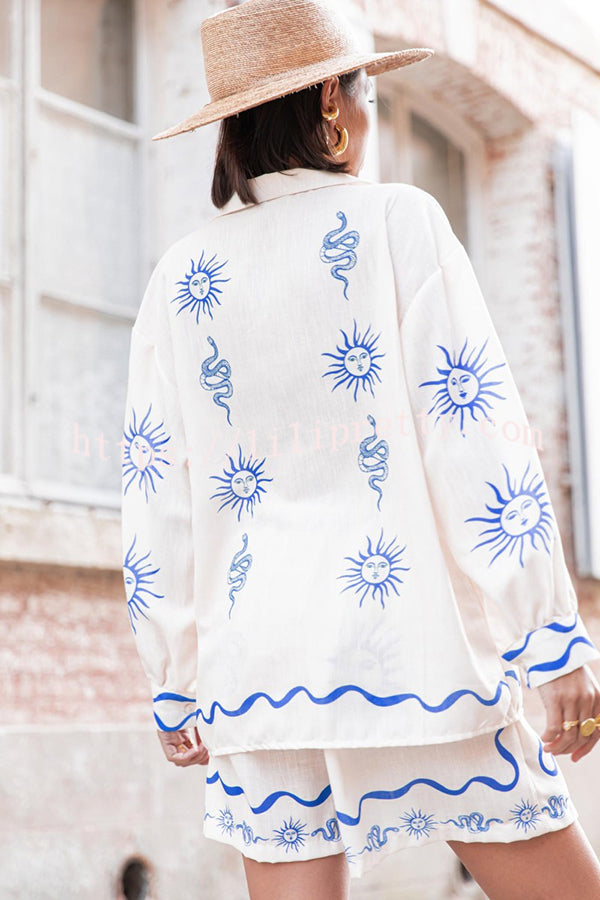 Lilipretty® Symbol of Sicily Linen Blend Unique Print Balloon Sleeve Button Loose Shirt