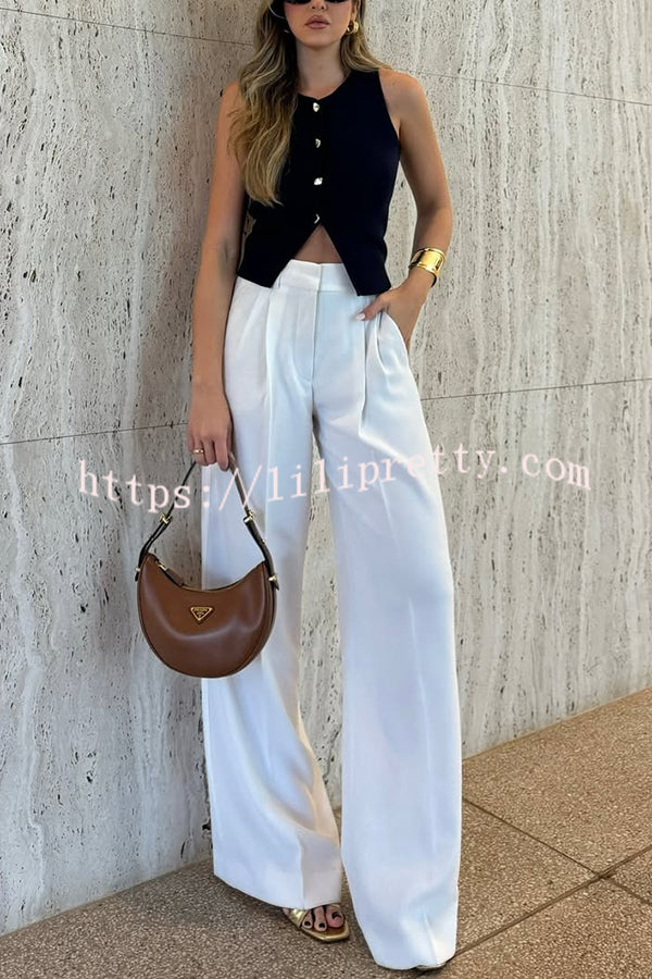 Solid Color Waist Pocket Loose Wide Leg Pants