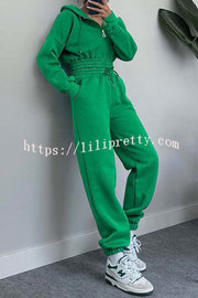 Lilipretty Hooded Zip Up Waist Sweatshirt and Elastic Waist Lace Up Pants Set