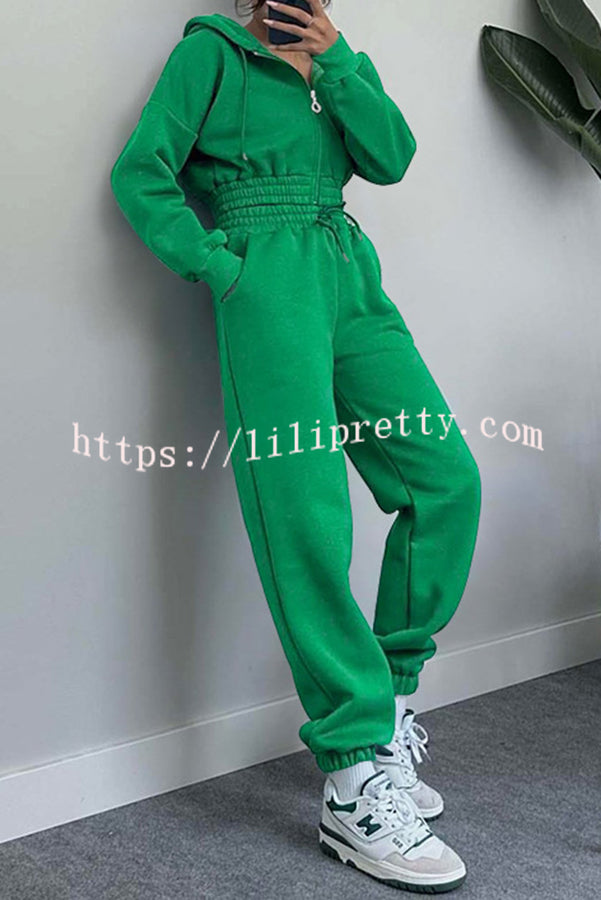 Lilipretty Hooded Zip Up Waist Sweatshirt and Elastic Waist Lace Up Pants Set