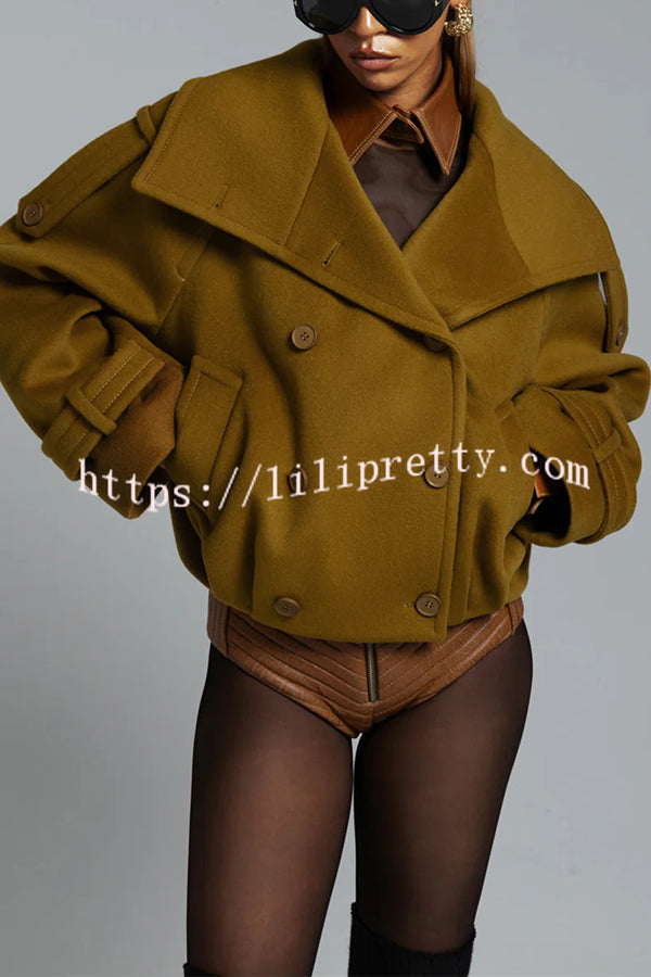 Ellie Epaulettes Stand Neck Double-Breasted Pocket Cropped Loose Woolen Coat