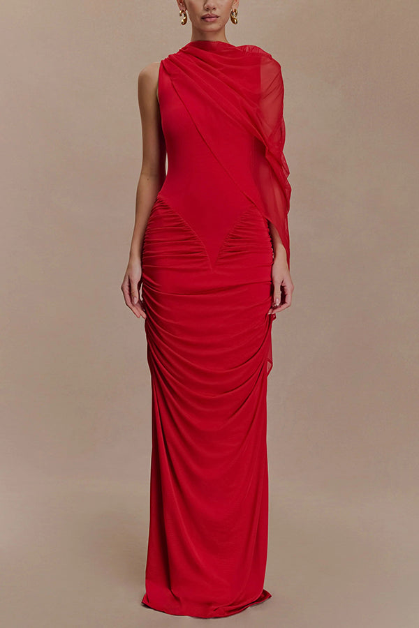 Fashionable Mesh Shawl Sleeveless Slim Fit Pleated Maxi Dress