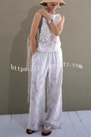 Linen Blend Solid Color Embroidered Hollow Loose Vest and Elastic Waist Casual Pocket Wide Leg Pants Set