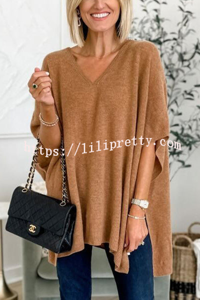 Lilipretty Fashion Comfortable and Versatile Knit Loose Poncho V Neck Sweater