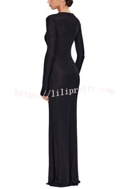 Adoria Oyster Metal Decor Deep V-neck Long Sleeve Stretch Maxi Dress