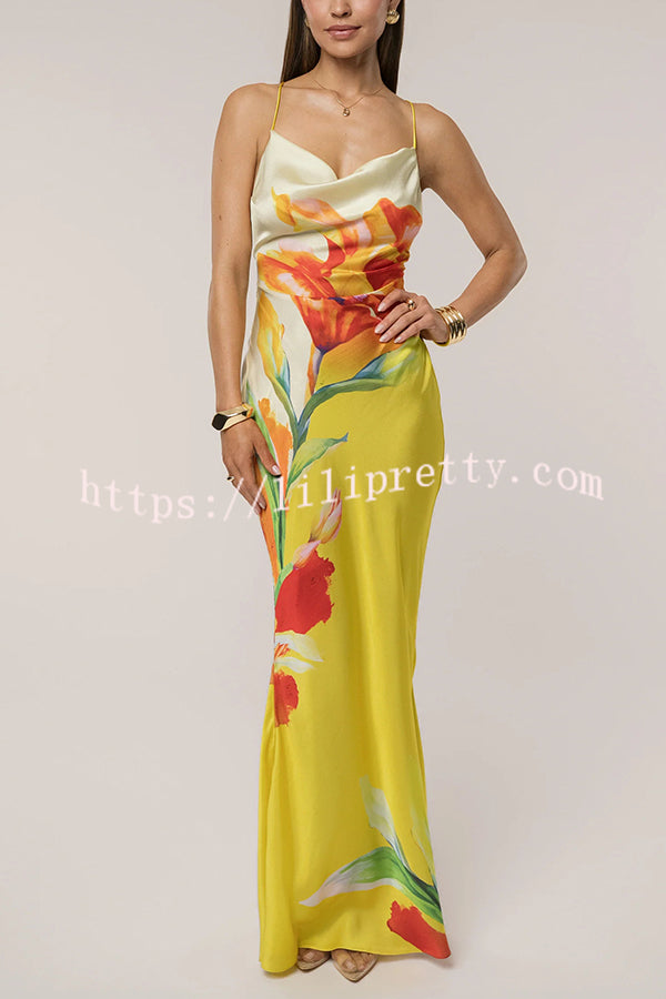Luisa Satin Floral Print Cowl Neck Sexy Open Back Tie-up Maxi Dress