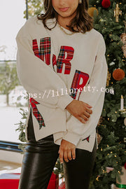Merry Plaid Embroidered Bow Long-Sleeve Loose Sweatshirt
