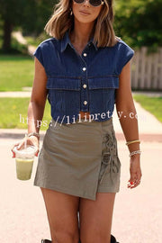 Stylish Weekend Denim Button Up Cape Sleeve Pocket Crop Top