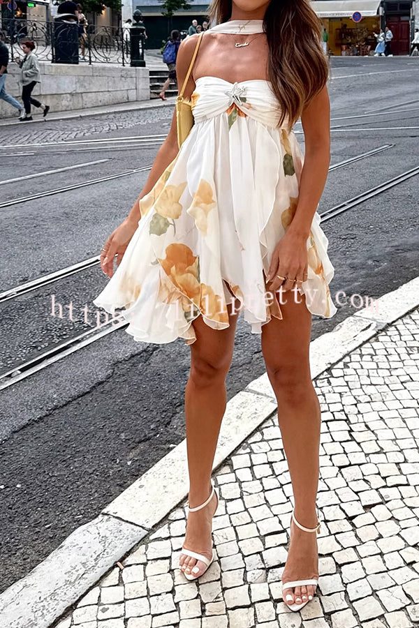 Arabella Floral Print Starfish Brooch Inverted Halter Neck Slit Ruffles Mini Dress