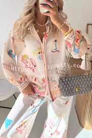Holiday Style Unique Print Long Sleeve Lapel Loose Shirt and Elastic Waist Casual Pocket Pants Set