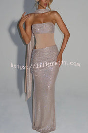 Kailani Sequin Strapless Mesh Cutout Waist Ruched Scarf Maxi Dress