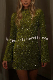 Dora Velvet Sequin High Neck Long Bell Sleeve H-line Mini Dress