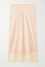 Celebration Look Contrast Color Satin Lace Trim Elastic Waist Drape Midi Skirt