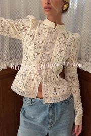 Fashion Hollow Lace Stand Collar Long Sleeve Slim Shirt