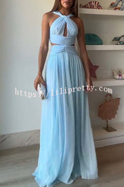 Graceful Modern Chiffon Twist Halter Neck Cutout Pleated Maxi Dress