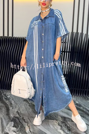 Fashion Letter Print Lapel Cardigan Loose Maxi Dress