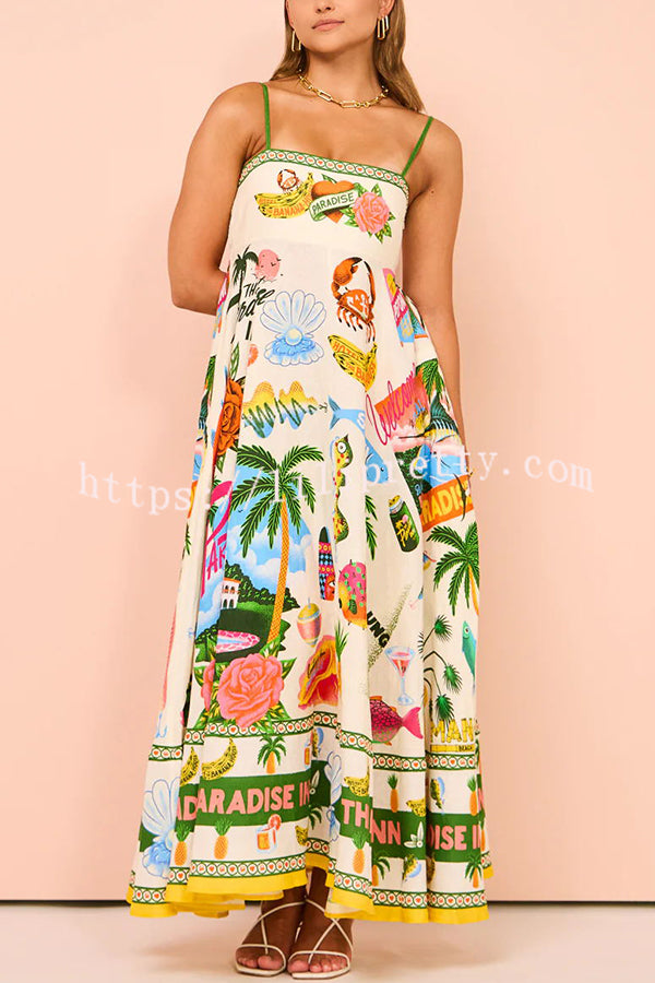 Lilipretty Holiday Paradise Linen Blend Unique Print Smocked Back Pocket Maxi Dress