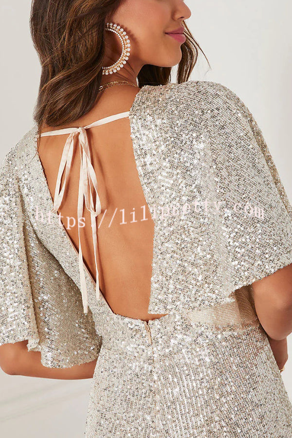 Trophy Wife Sequin Bell Sleeve Flare Stretch Jumpsuit