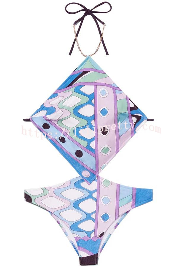 Lorian Unique Print Chain Halter Neck Cutout Waist Stretch One-piece Swimsuit