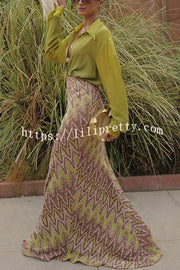 Moonlit Waltz Knit Jacquard Zigzag Print High Rise Stretch Flare Maxi Skirt