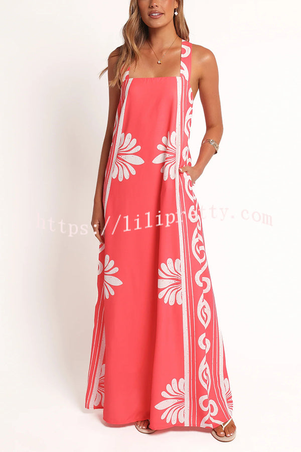 Unique Print Square Neck Open Back Tie Bow Holiday Maxi Dress
