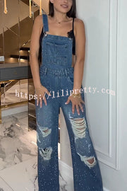 Fashionable Hot Diamond Casual Pocket Ripped Denim Overalls