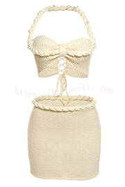 Sexy Halterneck Pearl-embellished Lace-up Tank and Fitted Knit Mini Skirt Set