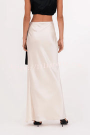 Black and White Classic Satin High Neck Crop Top and Wrap Tie-up Slit Maxi Skirt Set