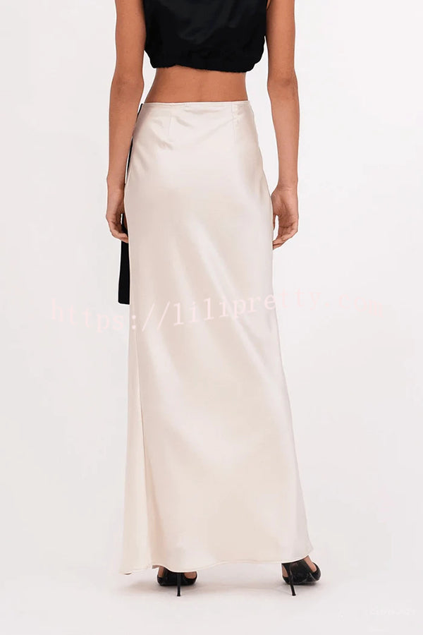 Black and White Classic Satin High Neck Crop Top and Wrap Tie-up Slit Maxi Skirt Set