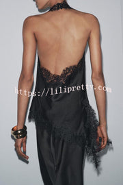 Dolly Satin Lace Trim Halter Cowl Neck Asymmetric Hem Tank