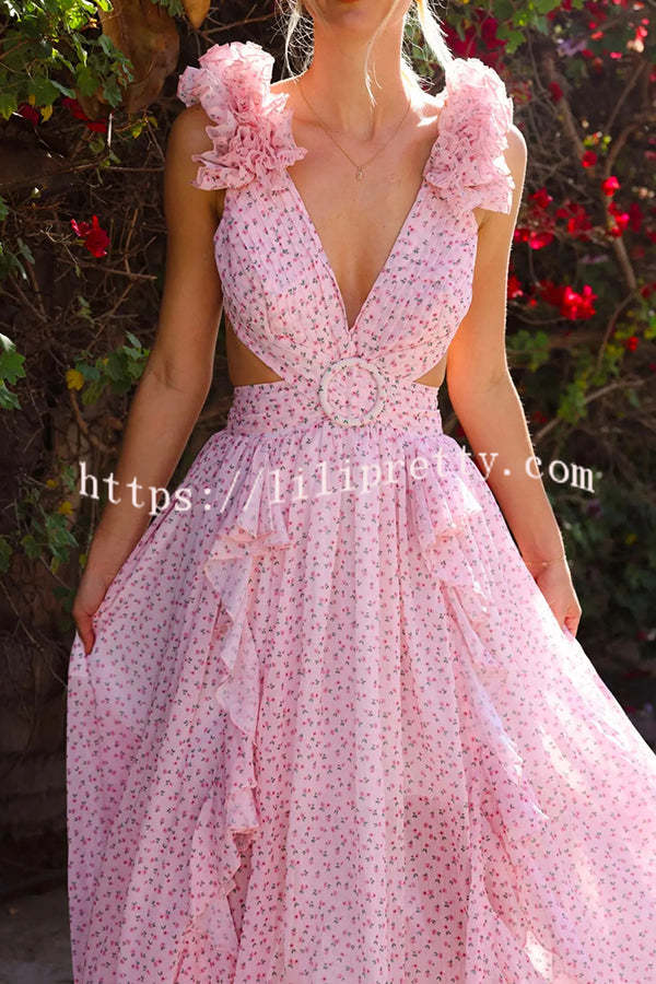 Wedding Dreams Chiffon Printed Flutter Sleeve Cutout Back Lace-up Maxi Dress