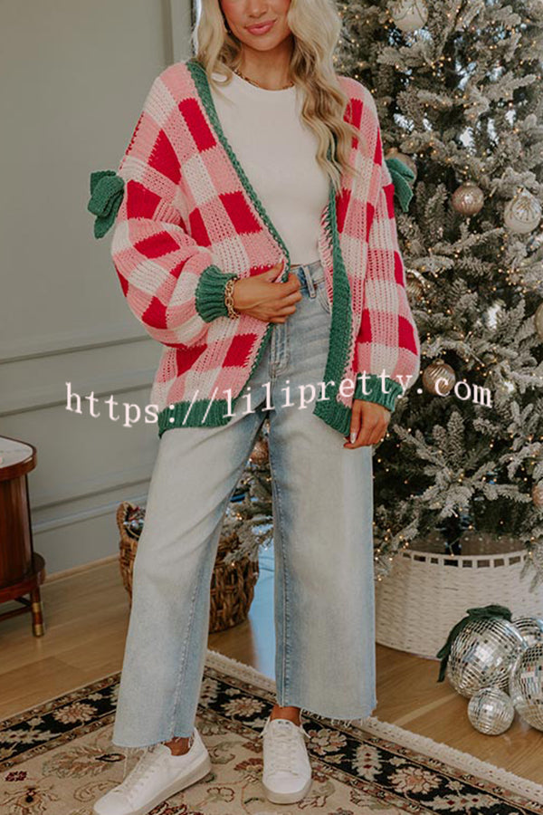 Holiday Cozy Checkered Knit Color-blocked Plaid Bow Long-sleeved Cardigan