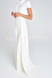 Pippa High Neck Short Sleeve Irregular Drape Hem Top and Elastic Waist Flare Pants Set