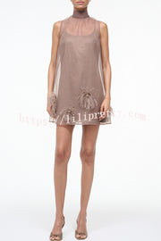 Playful Charm Sheer Chiffon Embellished Feather Back Bow H-line Mini Dress