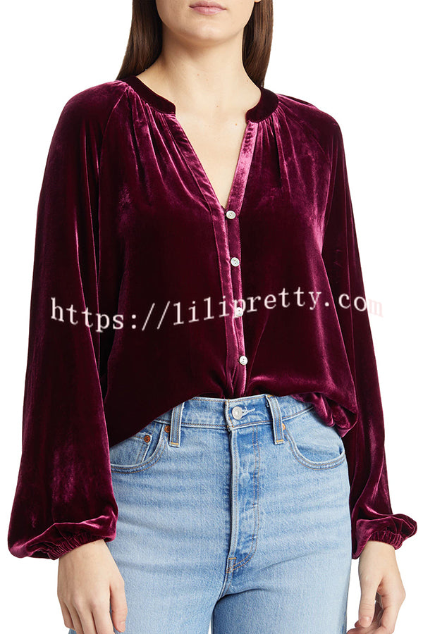 Solid Color Velvet V-neck Long-sleeved Shirt