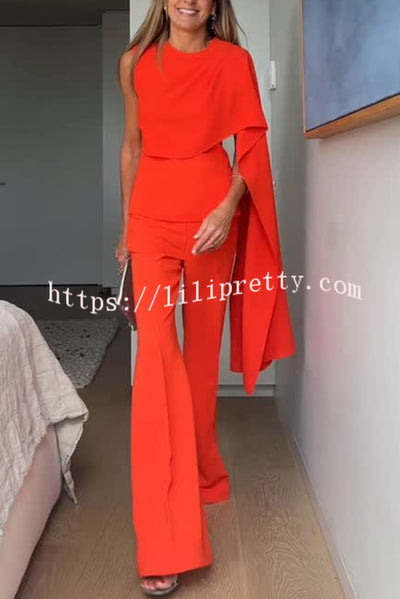 Perfect Balance Asymmetric Draped Cape Top and High Waist Flared Pants Set