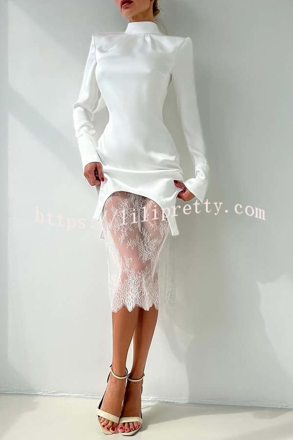 Melissa Satin High Neck Long Sleeve Curved Hem Top and Lace Midi Skirt Set