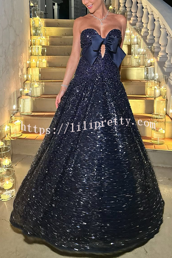 Sparkling Sky Sequin Satin Bow Detail Off Shoulder Prom Maxi Dress